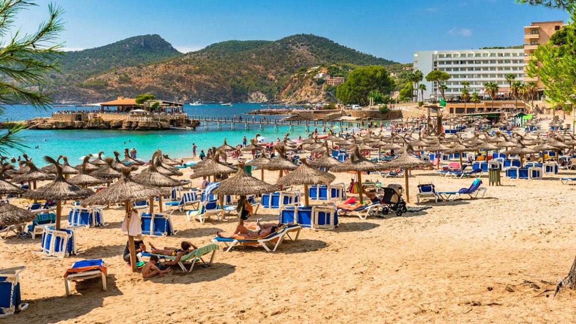 Beautiful bay beach of Camp de Mar on Mallorca island, Spain Mediterranean Sea
